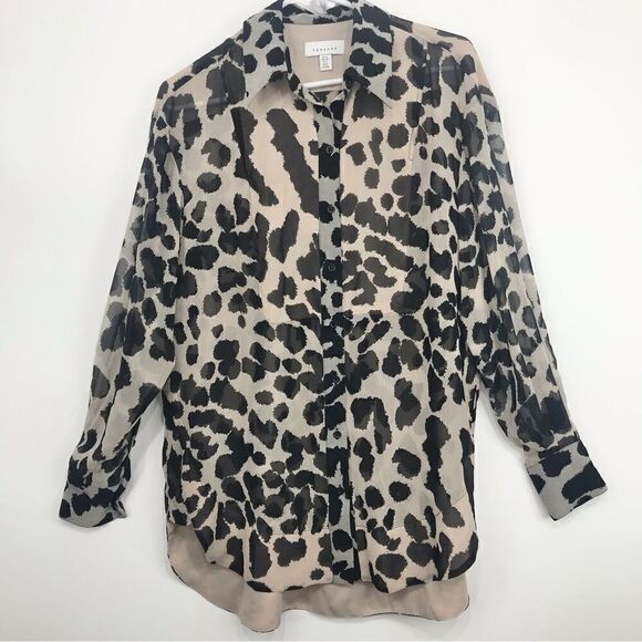 TopShop Tan Black Animal Print Semi Sheer Long Sleeve Button Up Tunic Blouse - Picture 5 of 16